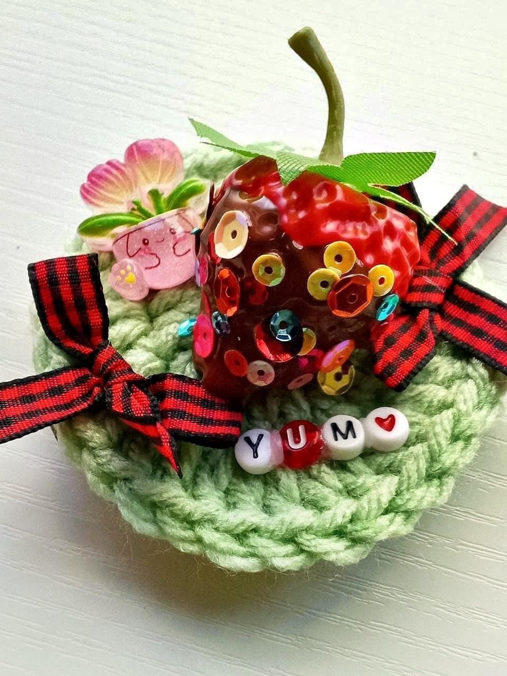 Chocolate Covered Strawberry on Light Green Crochet Base Hair Clip